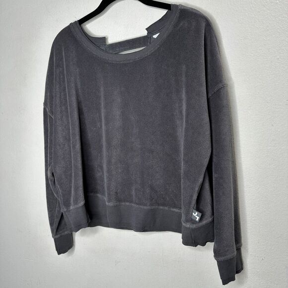 Joy Lab Dark Gray Long Sleeve Crop Terrycloth Sweater Faux Wrap Open V-Back SM - Picture 4 of 16